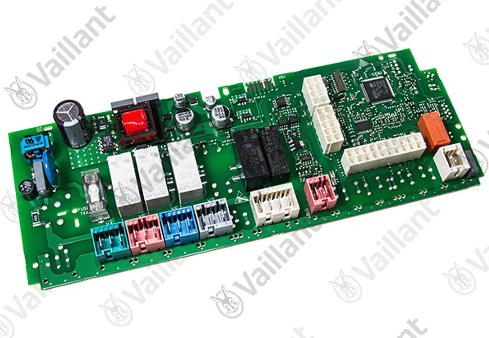 Leiterplatte von Vaillant mit verschiedenen Relais, Steckverbindern und elektronischen Komponenten auf einer grünen Platine.